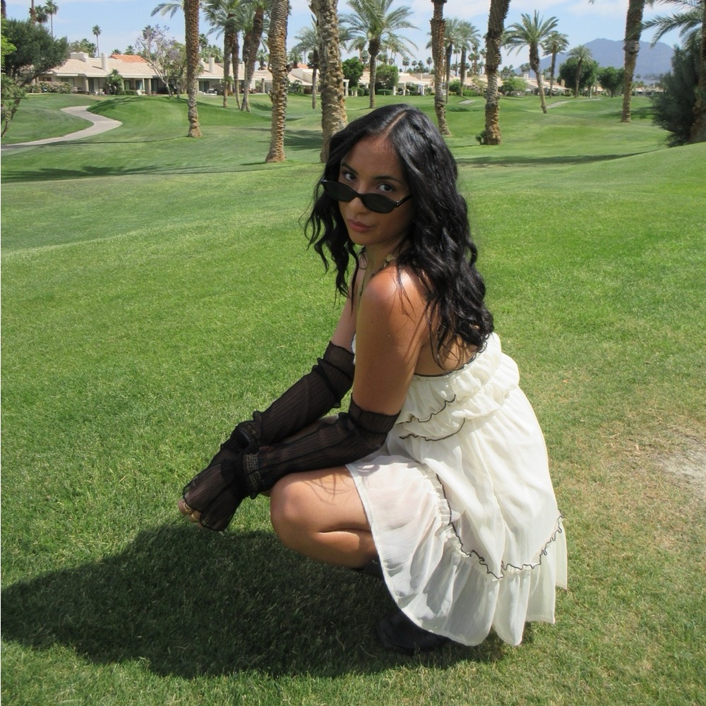 White Ruffled Dress with Black Trim